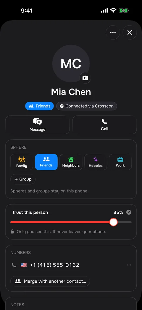Contact card — sphere, group and a private “I trust this person” slider