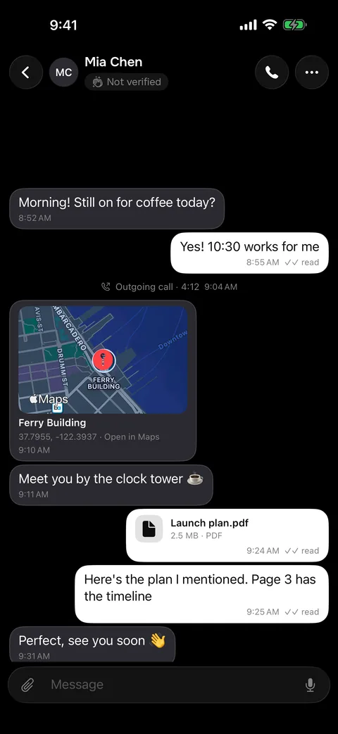 End-to-end encrypted chat with a location and a file