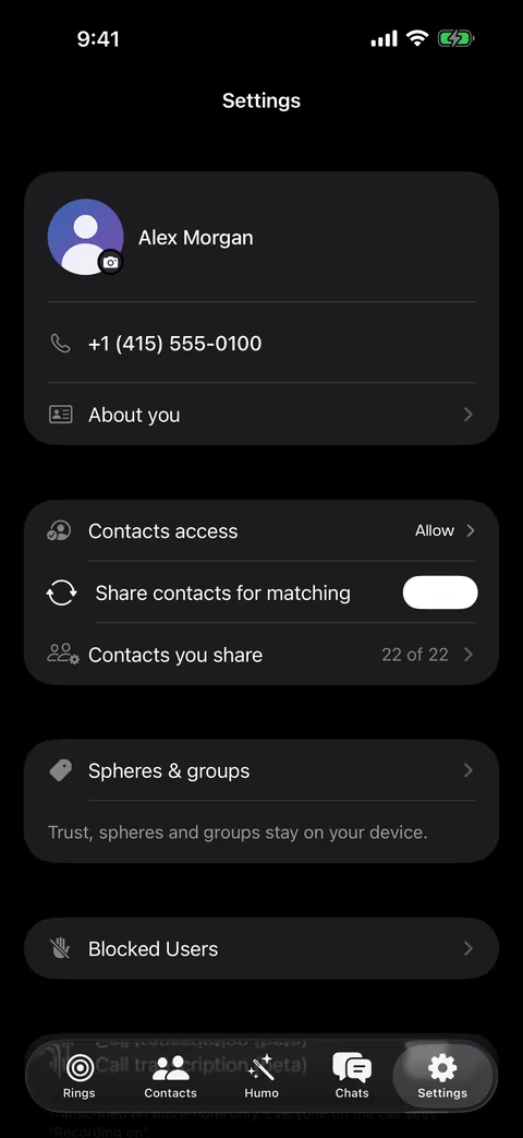 Settings — contacts access and what stays on your phone